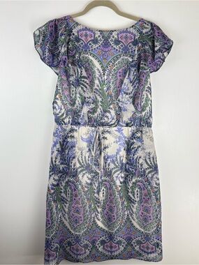 ADRIANNA PAPELL Size 8 Floral Chiffon Midi Dress Ruffle Sleeves Elastic Purple